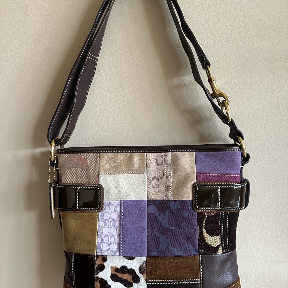 Chic Patchwork Shoulder Bag - Purple, Brown, Cream - image 2